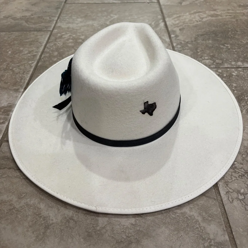 Flea Style White Australian Wool Wide Brim Fedora Hat Texas Feather 58cm